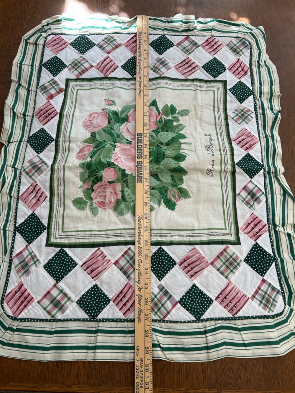 Oversized Floral Rose Panel Pieced & HAND Quilted Pillow Sham- Pink & Green